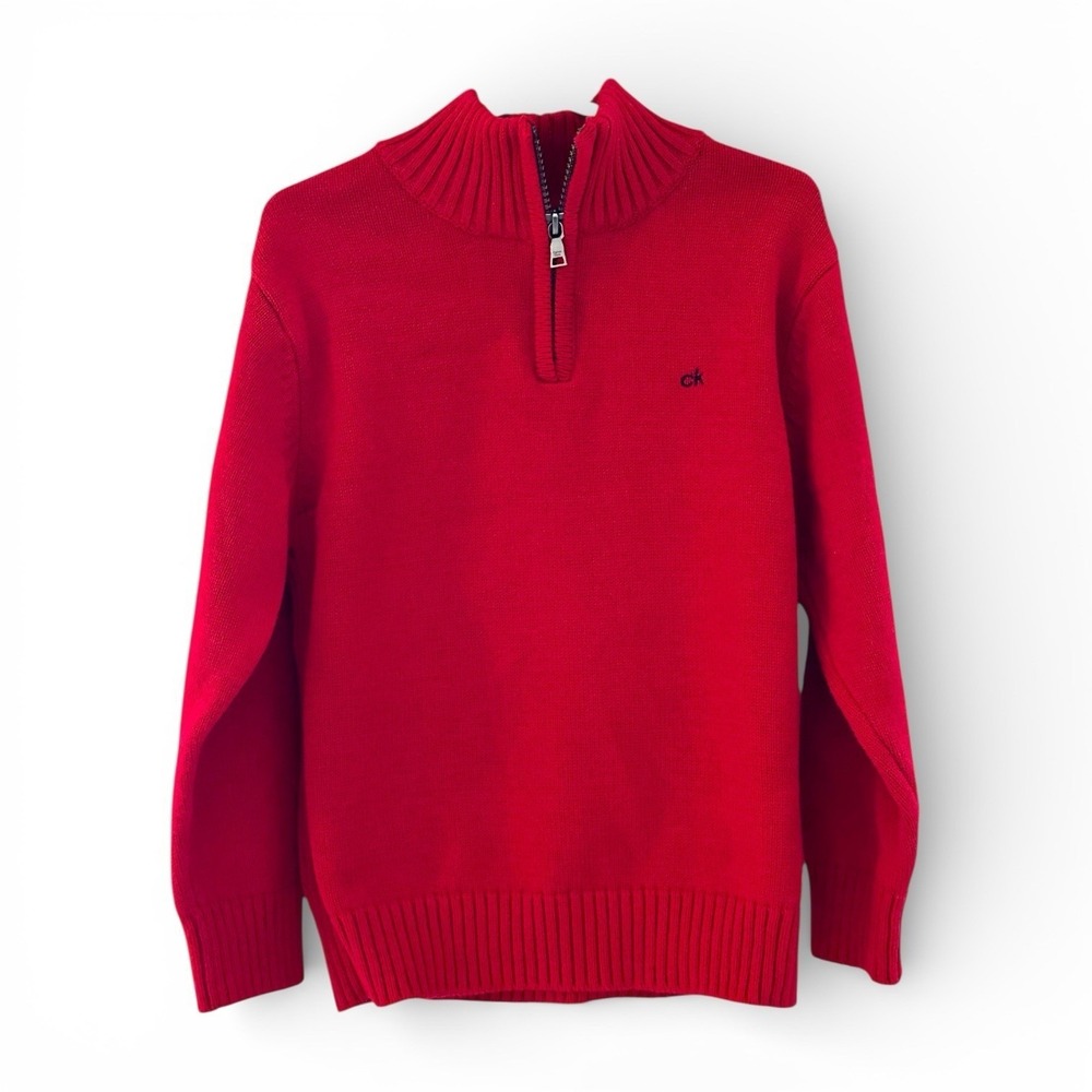 NWT Calvin Klein Boys 6 Sweater Red Cotton Quarter Zip Knit Embroidered Logo
